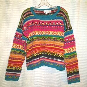 CASUAL CORNER Vintage Hand Knit Ramie Cotton Sweater Size XL Multi Color.